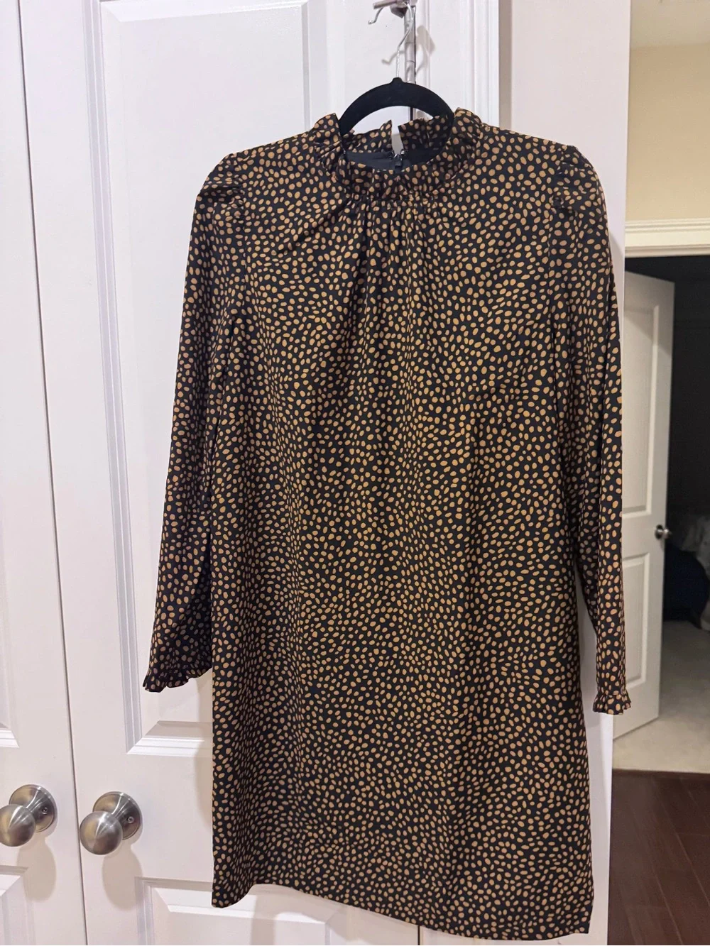 J. Crew Black Shift Dress with Tan Dot Print